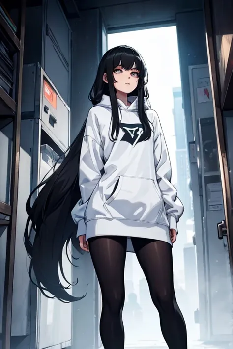 Age 22, White skin girl, , Bblack hair, extremely long hair, , sweatshirt clothes, futuristic armor, feminine, short preto, black tights, women&#39;s black tennis shoes, Bblack hair, hair between the eyes, Bblack hair, cloused mouth, range, cabelo bagunçad...