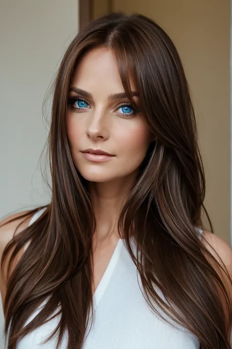 Brown straight hair, blue eyes, striking look, elegant, thirty five years old, female 