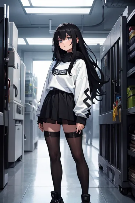 Age 22, White skin girl, , Bblack hair, extremely long hair, , sweatshirt clothes, futuristic armor, feminine, short preto, black tights, women&#39;s black tennis shoes, Bblack hair, hair between the eyes, Bblack hair, cloused mouth, range, cabelo bagunçad...