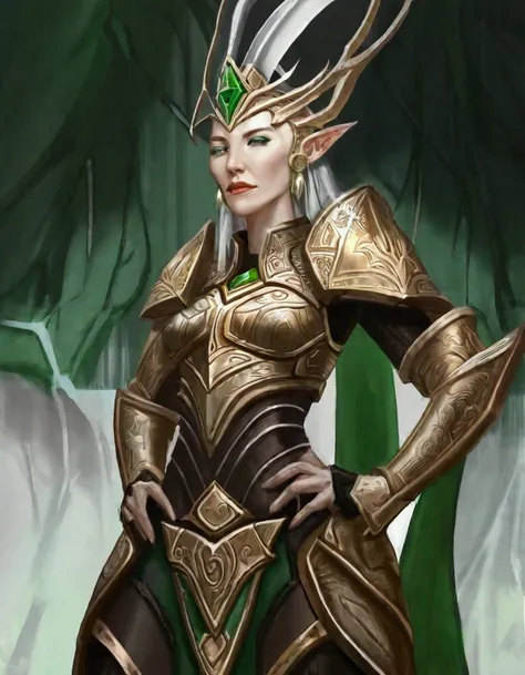 Cate Blanchett (elf, sleek sexy battle armor (very revealing), ornate large headpiece, large blades) is an an ruined Aeldari city in warhammer 40k, overgrown with vegetation
