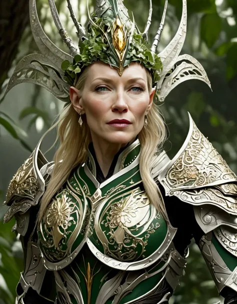 Cate Blanchett (elf, sleek sexy battle armor (very revealing), ornate large headpiece, large blades) is an an ruined Aeldari city in warhammer 40k, overgrown with vegetation
