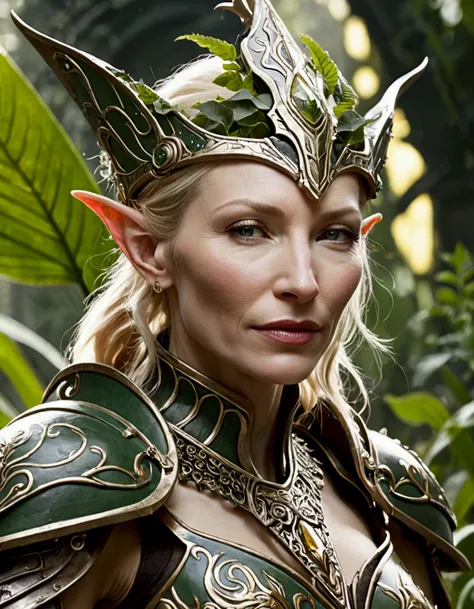 Cate Blanchett (elf, sleek sexy battle armor (very revealing), ornate large headpiece, large blades) is an an ruined Aeldari city in warhammer 40k, overgrown with vegetation
