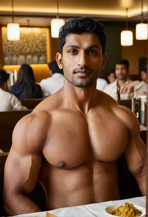 Sexy naked south asian man , big pectorals, big ass, big arms,  “big penis” in a restaurant 