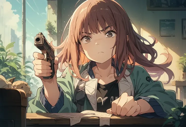 kiruko pointing forward with a hand gun