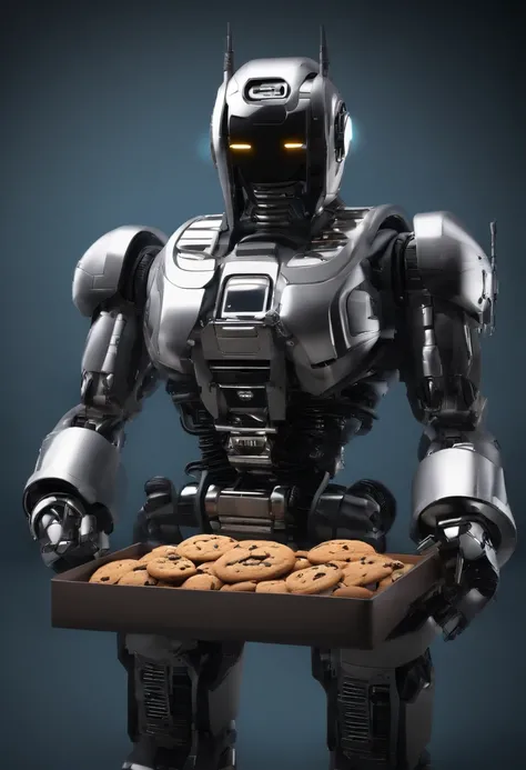 A robot holding a plump brown cookie in its hand; brown cookie in a robot&#39;s hand, an android holding a fat chocolate cookie in its hand; realisitic; 4K; ANDROID; professional photographer; best photographer in the world; android holding a brown cookie;...