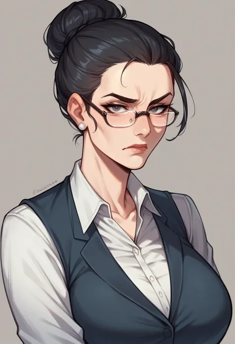 a mature woman with black hair in a bun, stern expression looking directly at the camera, wearing secretary clothing with glasses, portrait