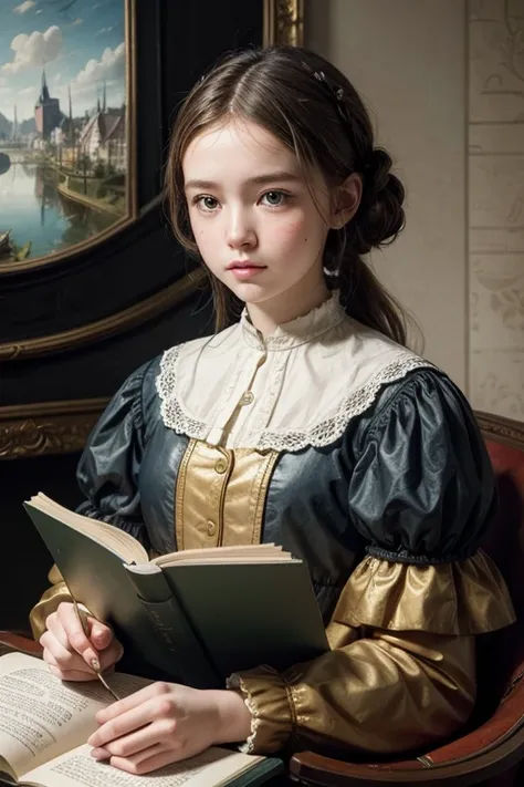 a girl reading a book, Dutch Golden Age painting, Surrealism, jpeg artifacts, UHD