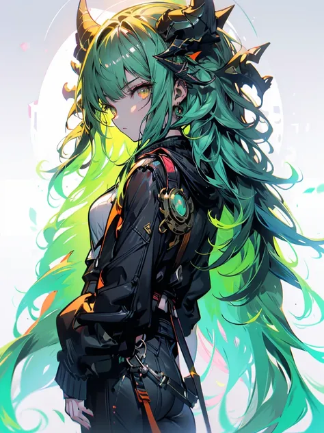 ((live 2D)) masterpiece, 1girl, full body, stands straight, steampunk clothes, military clothing, looking at viewer, detailed face, girl with green wavy hair, bangs, metal sheep horns, gradient hair, multicolored hair, light green hair, turquoise hair tips...