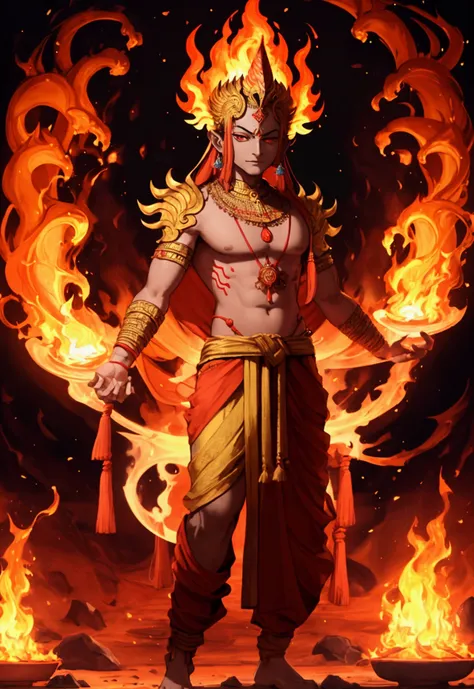 (((AGNI))) best quality, ultra-high resolution, 4K detailed CG, masterpiece, The God of Fire,Hindu clothing, Hindu mythology, ((STANDING POSE)), Hindu painting style, aesthetic, centered on the screen