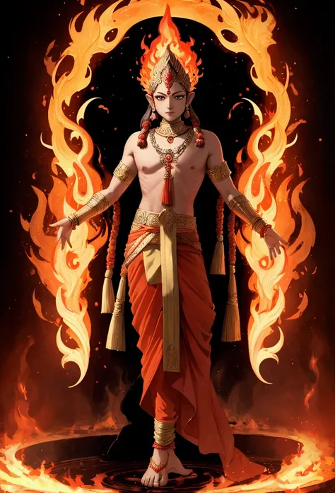 (((AGNI))) best quality, ultra-high resolution, 4K detailed CG, masterpiece, The God of Fire,Hindu clothing, Hindu mythology, ((STANDING POSE)), Hindu painting style, aesthetic, centered on the screen