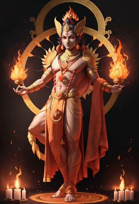 (((AGNI))) best quality, ultra-high resolution, 4K detailed CG, masterpiece, The God of Fire,Hindu clothing, Hindu mythology, ((STANDING POSE)), Hindu painting style, aesthetic, centered on the screen