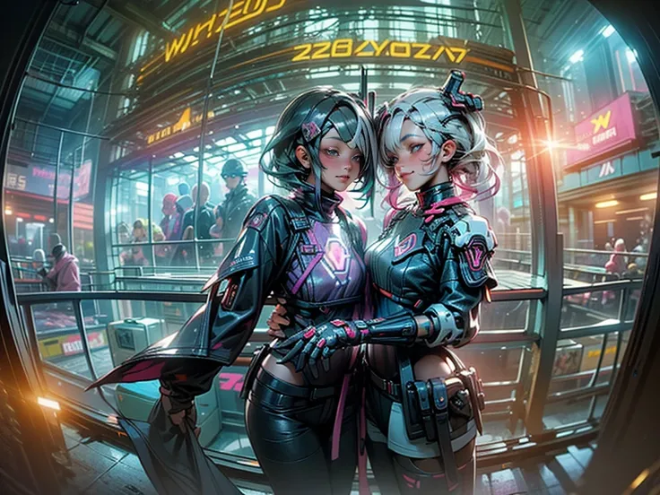 ((2 cyberpunk girls wearing colorful Harajuku style pop outfit)), ((((fisheye lens)))), cowboy shot, wind, messy hair, ((cyberpunk 2077 cityscape)), (cyberpunk aesthetics and atmosphere:1.3), bright colors, smiling, ((cinematic lighting))