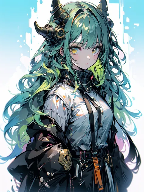 ((live 2D)) masterpiece, 1girl, full body, stands straight, steampunk clothes, military clothing, looking at viewer, detailed face, girl with green wavy hair, bangs, metal sheep horns, gradient hair, multicolored hair, light green hair, turquoise hair tips...