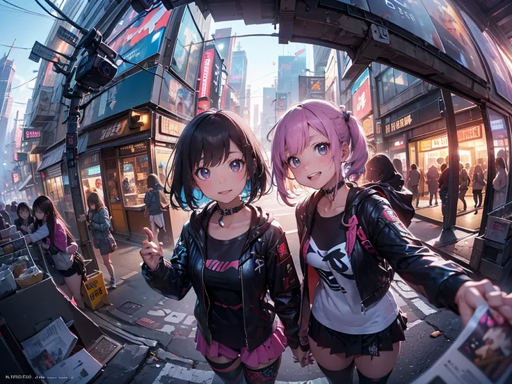 ((2 cyberpunk girls wearing colorful Harajuku style pop outfit)), ((((fisheye lens)))), cowboy shot, wind, messy hair, ((cyberpunk 2077 cityscape)), (cyberpunk aesthetics and atmosphere:1.3), bright colors, smiling, ((cinematic lighting))