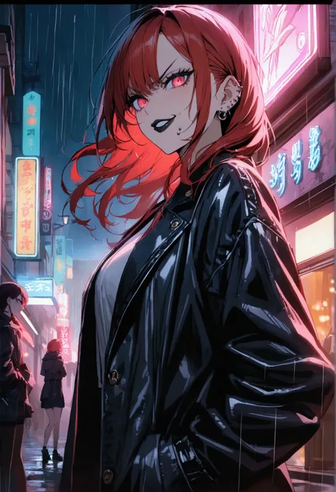 (anime women), high school girl, red hair with black bangs, (neon red viper eyes) standing in a rain soaked, city street at night, cinematic lighting (best quality:1.2)detailed, neon lights, vivid colors,bokeh, angry looking face with smirk on mouth, pierc...