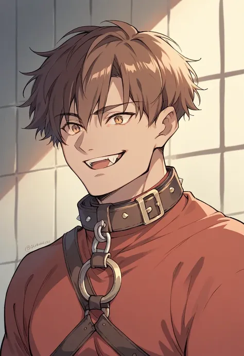 human male adolescent  , brown short hair, wearing  red shirt, ((wearing big collar )) ,half body  ,fangs ,smile , prisoner