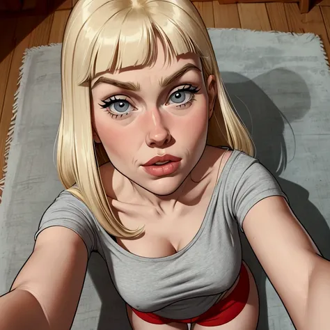 POV. Close up. Looking up. Pale. May Kanker. Ed Edd n Eddy. Cute hilbilly woman. Shoulder length blonde, straight hair. bangs. Curvy. Grey t shirt, red shorts.