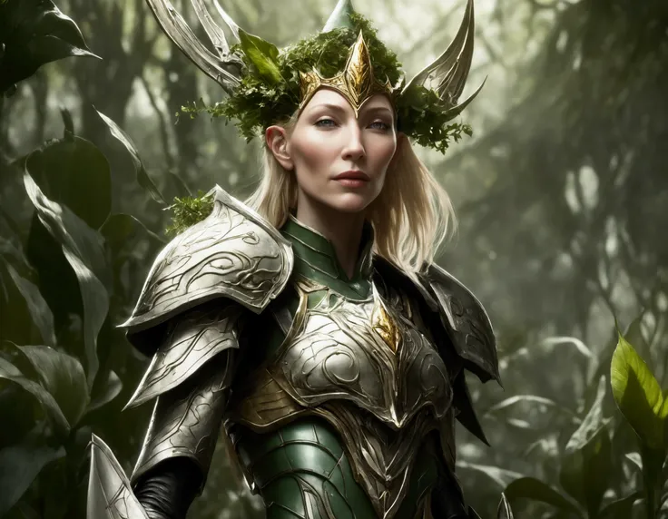 Cate Blanchett (elf, sleek sexy battle armor (very revealing), ornate large headpiece, large blades) is an an ruined Aeldari city in warhammer 40k, overgrown with vegetation
