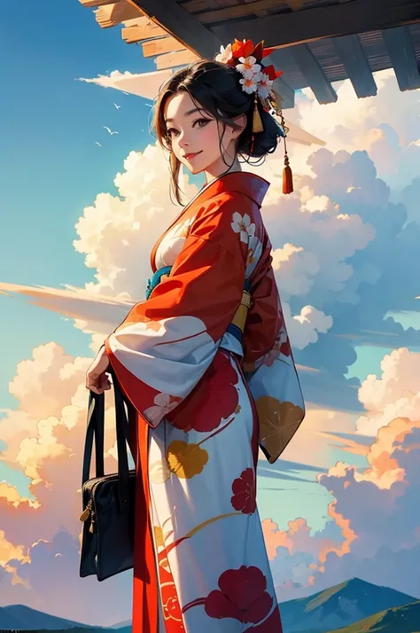 A beautiful woman in a kimono greets the morning with a smile against the backdrop of summer cumulonimbus clouds