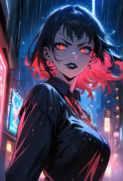 (anime women), high school girl, (neon red viper eyes) standing in a rain soaked, city street at night, cinematic lighting (best quality:1.2)detailed, neon lights, vivid colors,bokeh, angry looking face with smirk on mouth, piercing, ((piercing)), gaze, 4k...