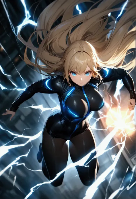 blonde, long flowing hair, cinematic, light blue eyes, glowing effect, electricity, 1 girl, beautiful girl, long tight dark black leggings, small open black jacket, jumping in air, epic, masterpiece, futuristic, flowing lightning energy around body, Lightn...