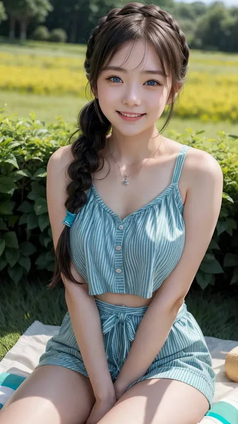 ( 1 girl),smile、Look into the camera、Diamond necklace、braided hair (Random color tank top:1.1)、The material is smooth and flexible.、exposed upper arms、Blue-green striped knee-length socks Extra long twin tail hair、close range shooting、Flower Hair Ornaments...