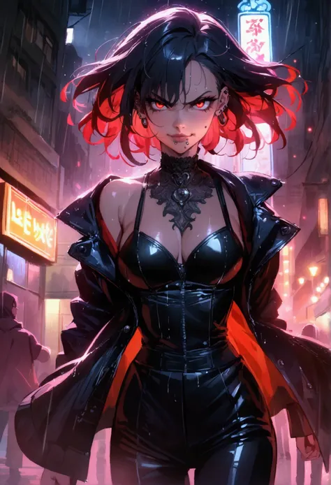 (anime women), high school girl, (neon red viper eyes) standing in a rain soaked, city street at night, cinematic lighting (best quality:1.2)detailed, neon lights, vivid colors,bokeh, angry looking face with smirk on mouth, piercing, ((piercing)), gaze, 4k...