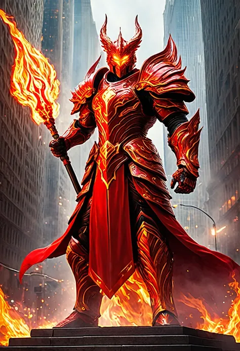 In a burning metropolis, a majestic fire guardian watches over the city. Clad in flaming red armor and holding a staff of energy, he embodies both divine power and advanced technology.