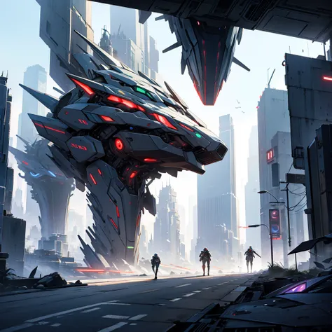 futuristic city, battle between two sides. A  observes the situation.