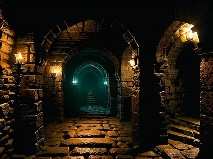 style of evilcore ::.5 style grimdark::.5 style dark fantasy::.5 inside dungeon corridor, stone walls with wood door, torchs in ...