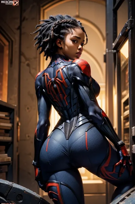 20 years old, afro american woman, braids, perfecto body, back view, grabbing own ass, (wearing: miles morales suit, spider logo), scared face expresion