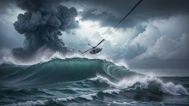 realistic helicopter crashing into ocean,dramatic stormy cloudy sky,heavy rain, powerful waves crashing, helicopter rapidly descending, shattered metal and debris, realistic lighting and shadows, cinematic composition, photorealistic, 4k, HDR, physically-b...