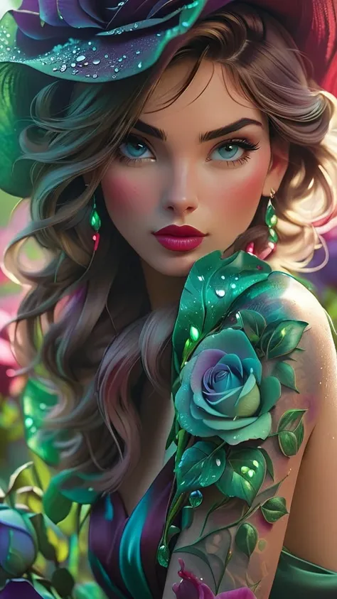 A young brunette with a short haircut and tattooed arms poses in a red hat with large emerald earrings. Her lips are slightly parted in a slight smile, and the gaze is directed into the distance, through the petals of giant purple roses. A burgundy silk dr...