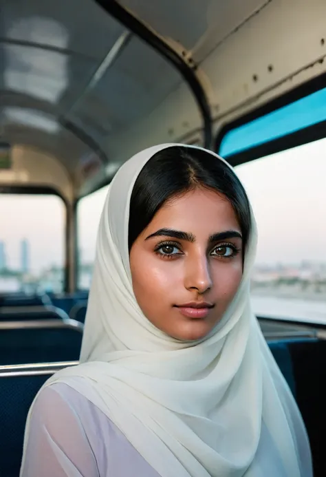  arabe women was about 20 years old, on a bus,, city background, evening, (Best Quality: 0.8), (Best Quality: 0.8), Dark and unclear face, bright Eyes