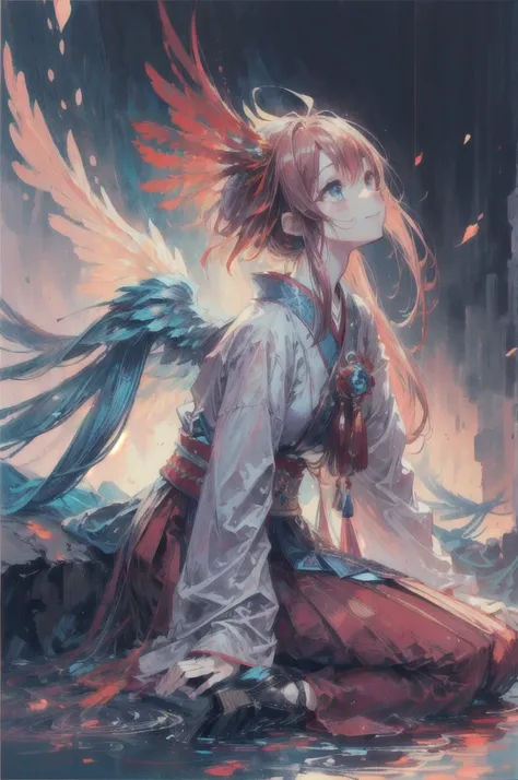 ultra detailed close up of anime girl phoenix wings, sitting under misty waterfall, crimson red and blue, traditional japanese c...