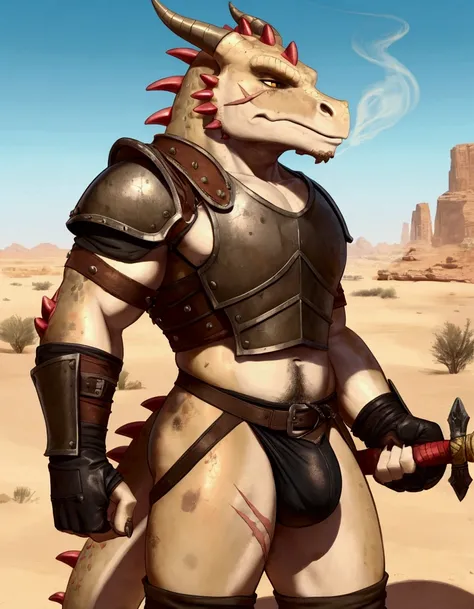 Solo Sexy anthro scalie dragon male mercenary medieval solider, slim endomorph muscular handsone model male apperance, sword scars, worn out rusty skimpy armament, low on hips heavy leather belt, old very worn out skimpy dirty linen material jockstrap, old...