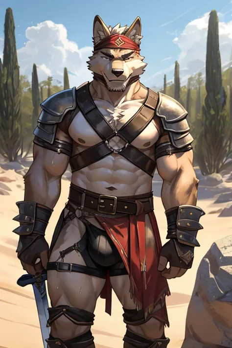 Solo Sexy anthro furry wolf male; ancient Mediterranean desert warrior; slim mesomorph handsome model apperance apperance; boys messy short hair headband; sexy toned muscules; sword scars;  worn out rusty sexy skimpy armament. He has low on hips heavy leat...