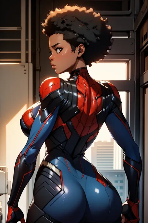 a 20 year old afro american woman, short hair, perfect body, back view, big ass, big breasts, grabbing own ass, wearing miles morales spiderman suit, scared face expression, high quality, 8k, ultra-detailed, photorealistic, professional, dramatic lighting,...