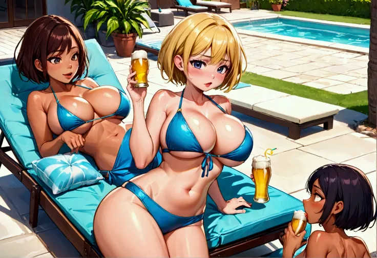 A milf (large breasts, large butt, toned midriff, cute face, short hair, scandalously small swimsuit) Is passed out on a lounge chair drinking a beer while her daughter has a pool party with friends
