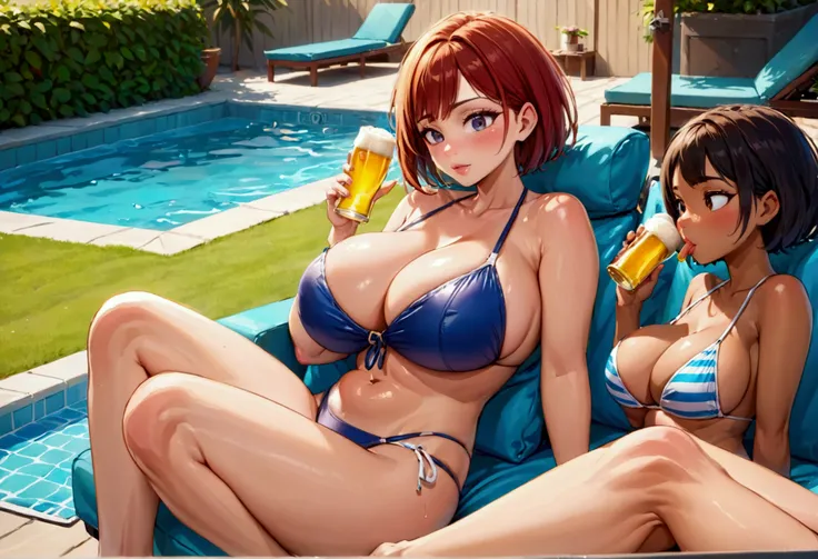 A milf (large breasts, large butt, toned midriff, cute face, short hair, scandalously small swimsuit) Is passed out on a lounge chair drinking a beer while her daughter has a pool party with friends
