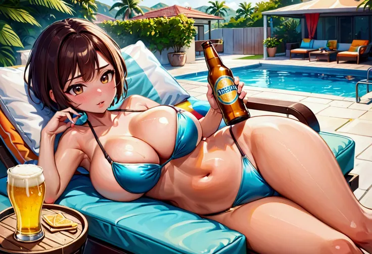 A milf (large breasts, large butt, toned midriff, cute face, short hair, scandalously small swimsuit) Is passed out on a lounge chair drinking a beer while her daughter has a pool party with friends
