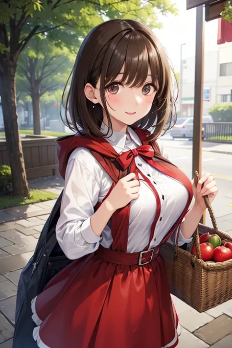 anegasaki nene、Shiny brown hair, short hair, (Beautiful brown eyes、Sparkling eyes, Fine grain)、smile、Ultra-detailed eyes、Highly detailed face, Highly detailed eyes,



 Dressed for an adventure、Dressed as Little Red Riding Hood、Put on the hood、breast enhan...