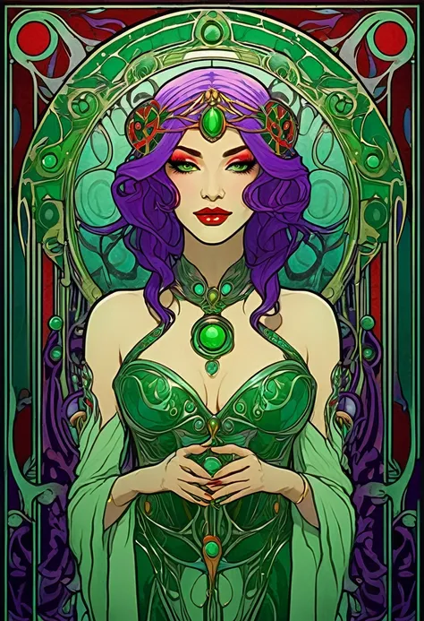 Ava Red, mechanical priestess, purple and green hair, art nouveau —ar 6:9 —uplight, deep sea, poster art