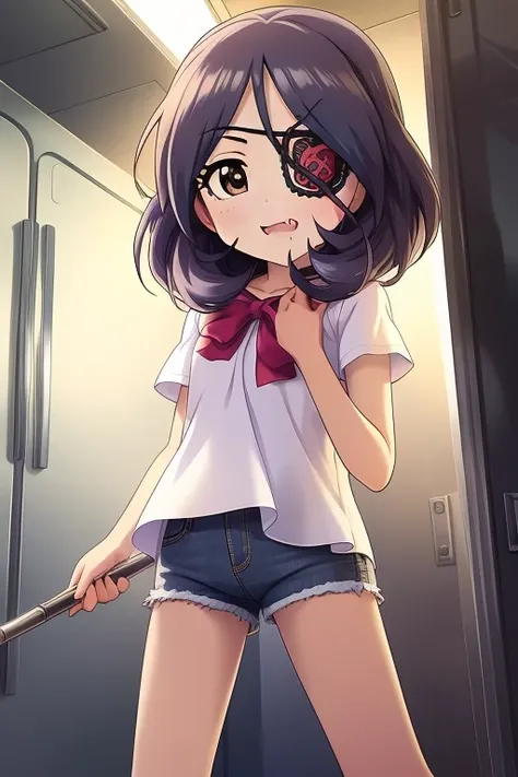 Hayasaka Mirei,purple hair,multicolored hair,fang,brown eyes,short hair,eyepatch,white shirt,Denim shorts,shorts rolled,