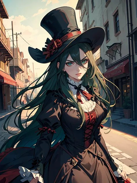 Long dark green hair, brown eyes, evil, sexy, black and red clothes, evil face, evil, serious look, gloss lips, sinister, front look, bloody, gloves, close up, portrait, beautiful eyes, short dress, big white, dark place, night, sensual, straight hair cut,...