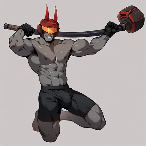 score_9, score_8_up, score_7_up, rating_explicit, source_anime, A demon from the anime Chainsaw Man. It has a hybrid hammer head, a war hammer head, with a muscular gray body, dark gray skin, shirtless, black hands, and looks fierce. beautiful, handsome, d...