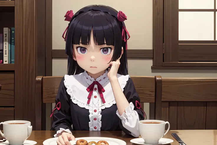 (donutを食べる), (donut), カラフルなdonut, table, stylish teacups, place mat, (ruri gokou), girl, (alone), hime cut, gothic lolita, lolit...