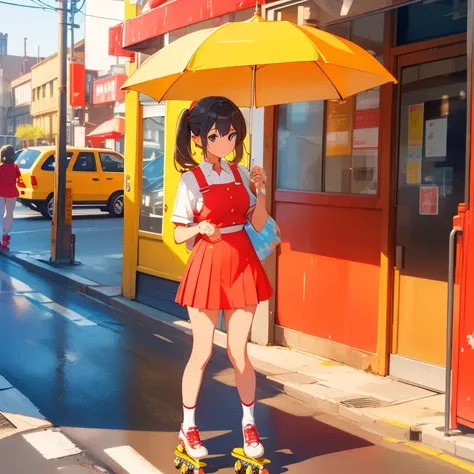 hamburger seller in red and yellow uniform、carry a tower of hamburgers、roller skating、parasol、a miniskirt、good style、poneytail