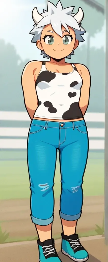 score_9, score_8_up, source_anime, masterpiece, best quality, BREAK 1girl, white horns, white spiked hair, grey eyes, small breasts, smile, pants, cow print tank top, jeans, meadow