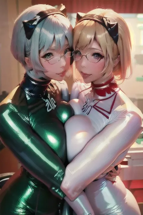 Twin sisters, Appropriate attire for a rave, blonde, Green Eyes, In Rave, Ultra Sharp, High resolution, 8k, High resolution, 景色を眺めるTwin sisters
中国のアイドル　Mature Woman　Huge 　((Shiny enough to reflect light、Shiny navy blue metallic bodysuit and tights.))　Twin ...